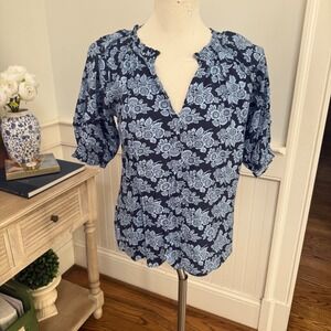 LOFT Womens XS Floral Puff Sleeve Blouse Navy Blue Split Neck NWT